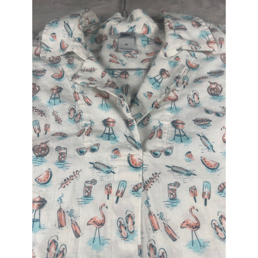 Duluth Trading Co MenMedium White BBQ Flamingo Organic Cotton Short Sleeve Shirt - Picture 8 of 10